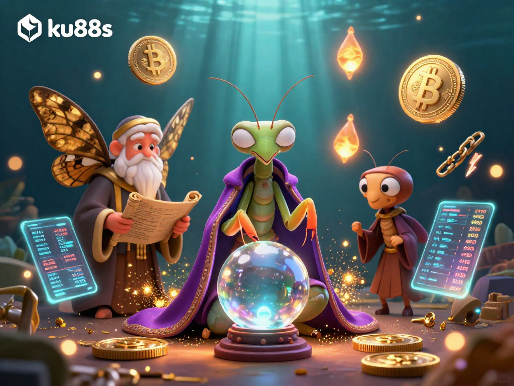 Engage with ku88s’ vibrant crypto casino world featuring a mystical fortune teller and glowing coins.