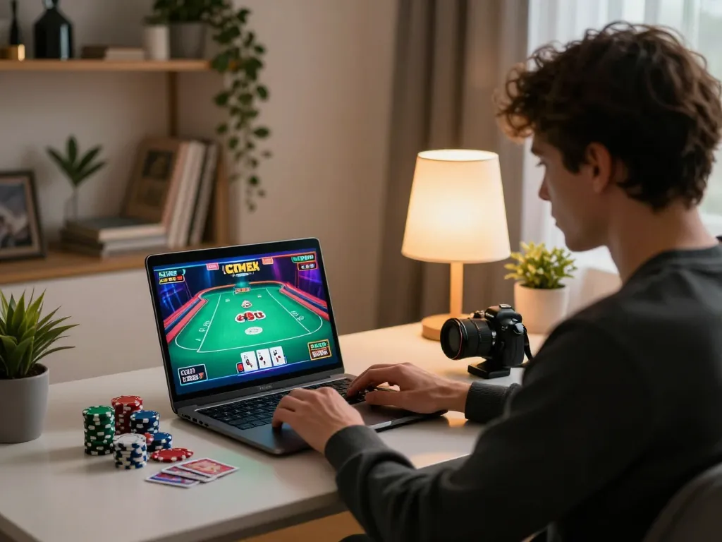 Person engaged in online poker gaming at https://tx88at.com/ showcasing a stylish home gaming setup.