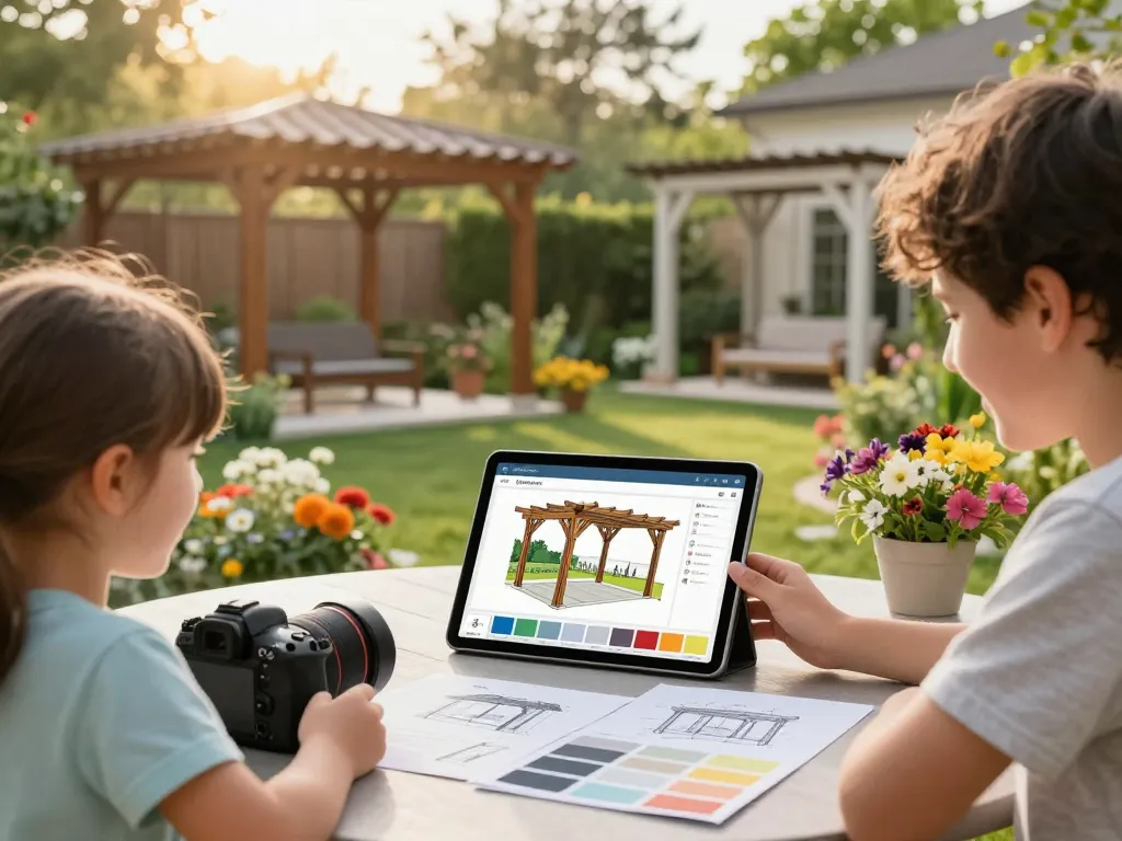 Family using 3D Pergola Configurator in a beautiful garden, exploring design options.