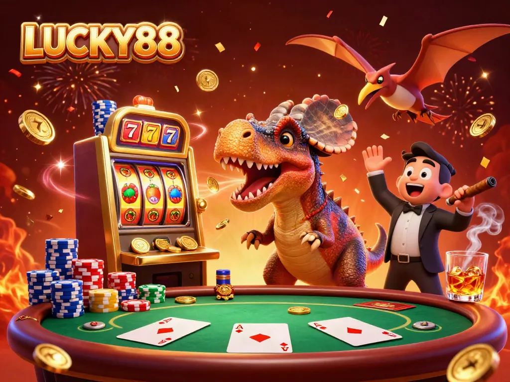 Experience the excitement of LUCKY88 with a fun depiction of cartoon dinosaurs in a dynamic casino scene.