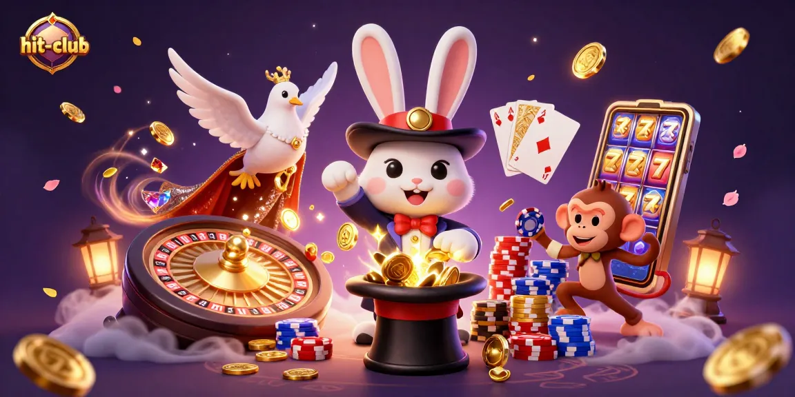 hit-club showcases gaming excitement with a magician rabbit and colorful casino elements.