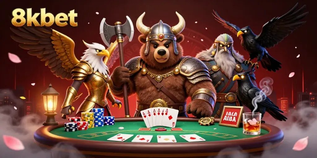 Immerse in 8xbet's vibrant poker scene with Viking bear and Valkyrie, showcasing excitement.