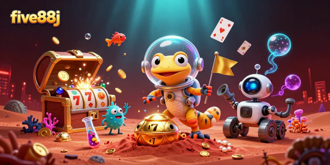 five88j welcomes players to a vibrant jackpot casino scene with Martian gecko and colorful slot themes.