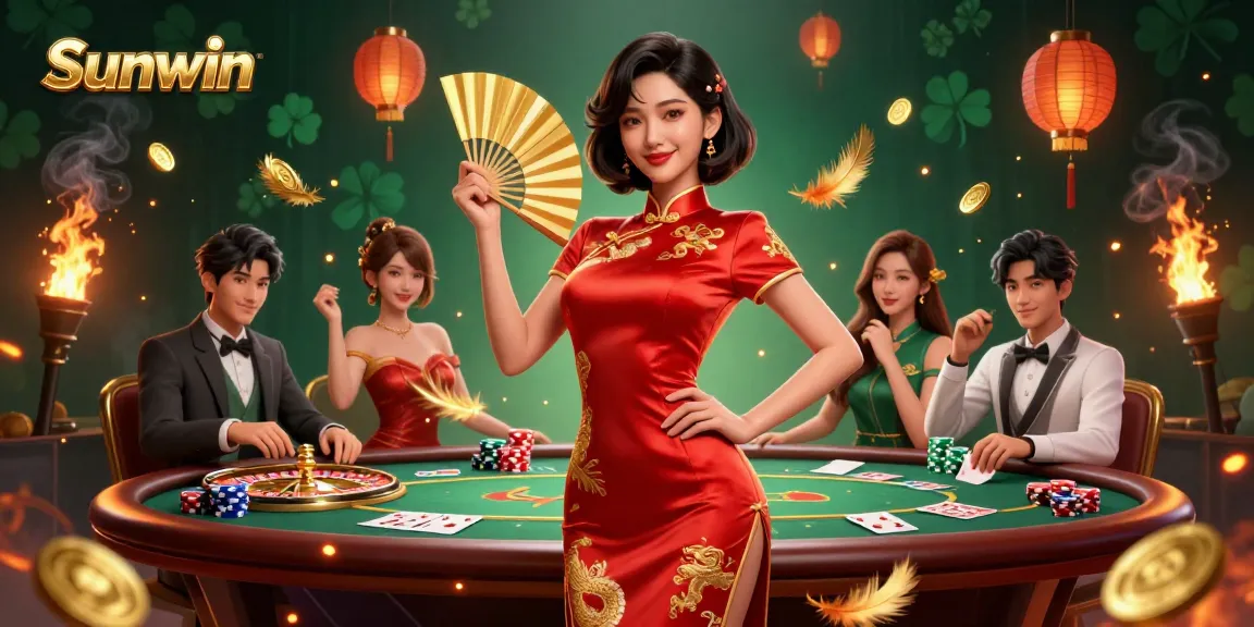 Engage in thrilling gameplay at Sunwin with a charismatic dealer and vibrant casino elements.
