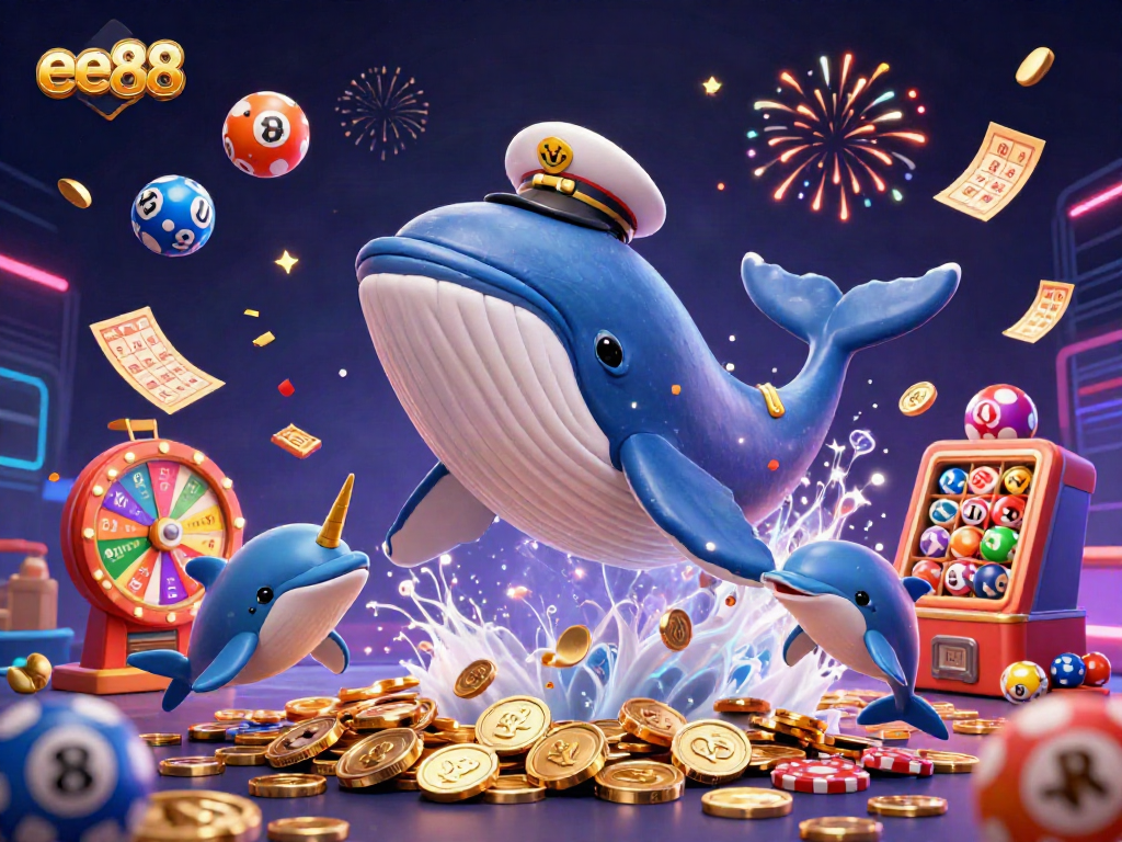 Win big at ee88 casino with vibrant 3D whale and playful dolphins among colorful game elements.