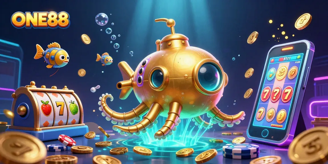 Experience the thrill of ONE88 with a golden kraken submarine and vibrant casino elements.