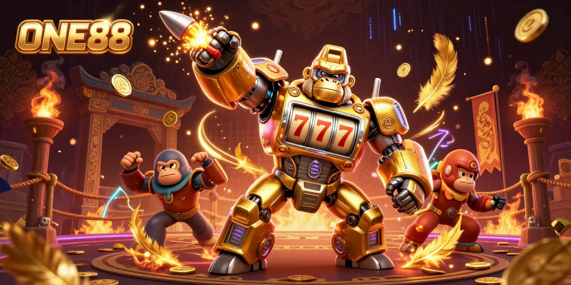 Experience the thrill of ONE88 with a golden gorilla mech smashing through winnings in a vibrant casino setting.