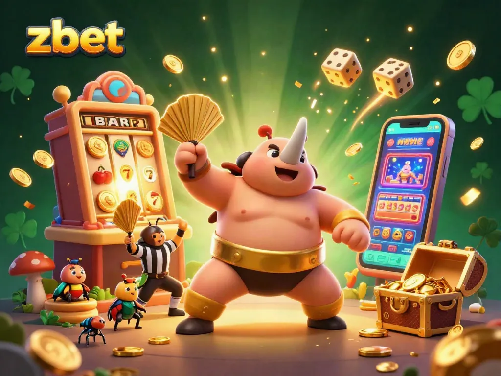 Experience zbet's thrilling entertainment through a sumo champion beetle in a lively casino scene.