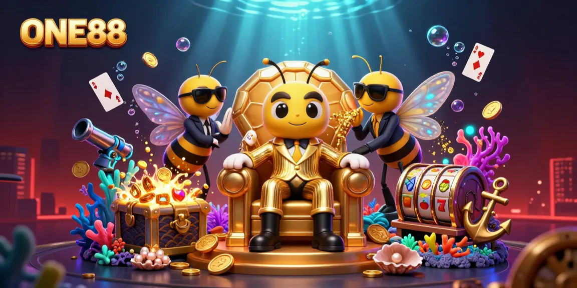 ONE88 casino promotion featuring a lively scene with a bumblebee mob boss and vibrant game elements.