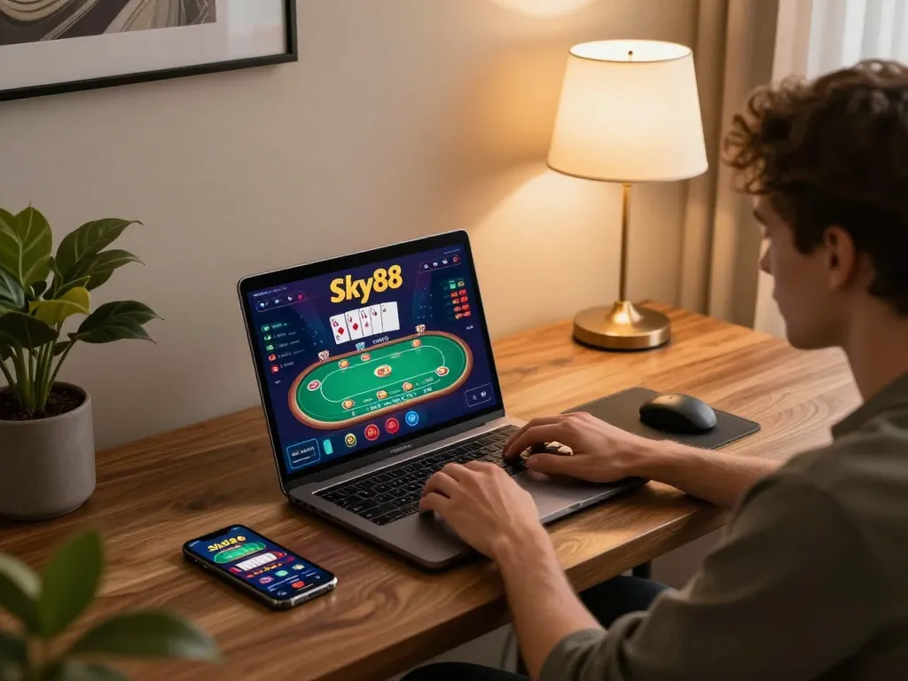Engaged player enjoying Sky88 casino on a laptop in a stylish home office, showcasing strategic gameplay.