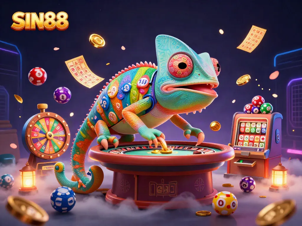 SIN88 casino owner chameleon snatching golden coins with lively gaming elements surrounding him