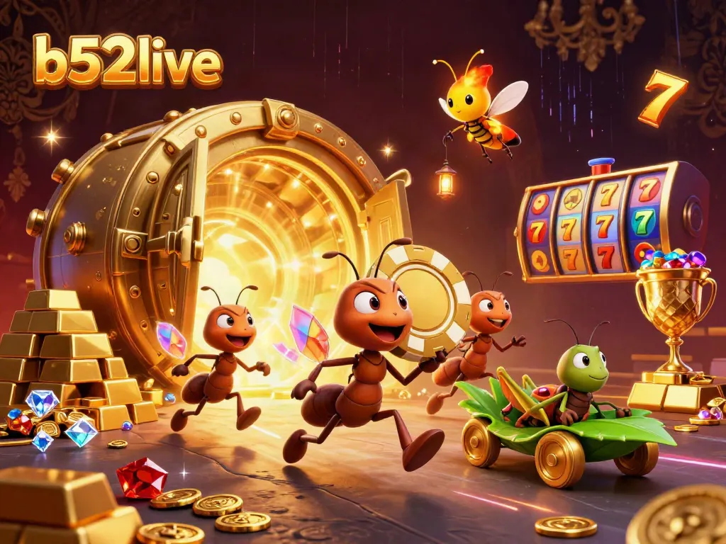 Engage with b52live casino excitement as cartoon ants carry a giant poker chip amidst golden treasures.
