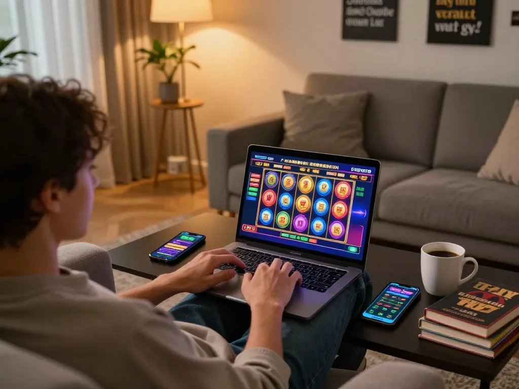 PH22 online gaming scene featuring a player engaging with vibrant slot games on a laptop in a cozy living room.
