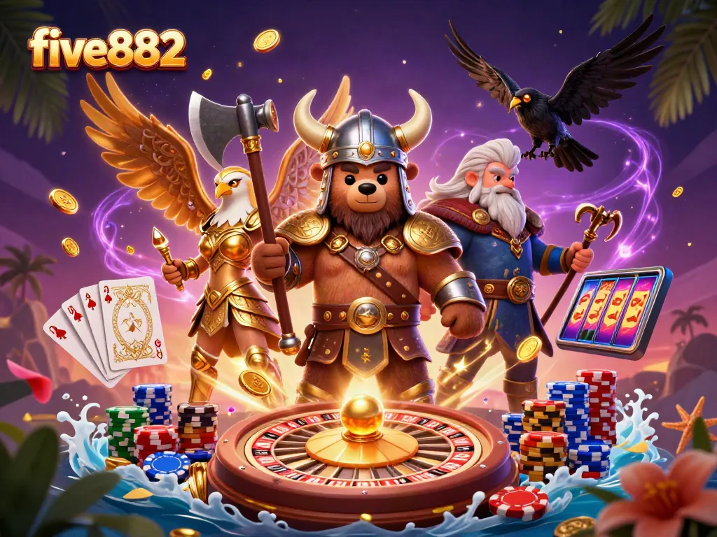 Experience thrilling gameplay with five882's cartoon Viking and Valkyrie amid shining gold and casino elements.