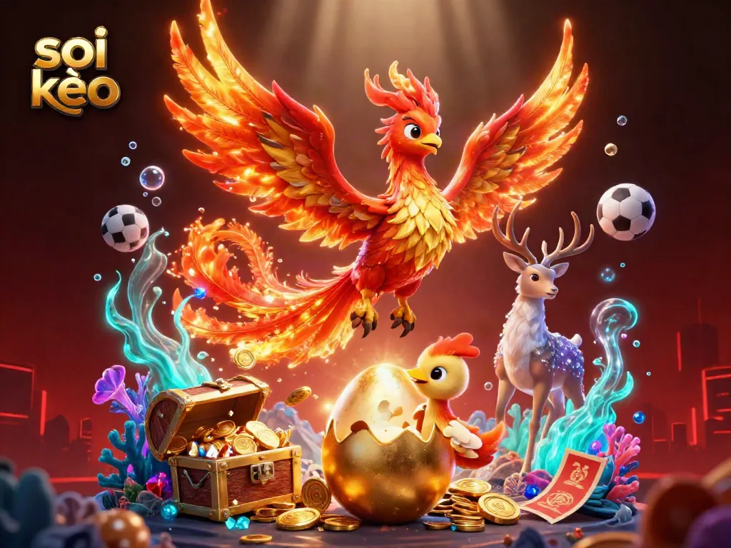 Soi kèo illustration showcasing a phoenix and sports betting elements, highlighting vibrant casino themes.