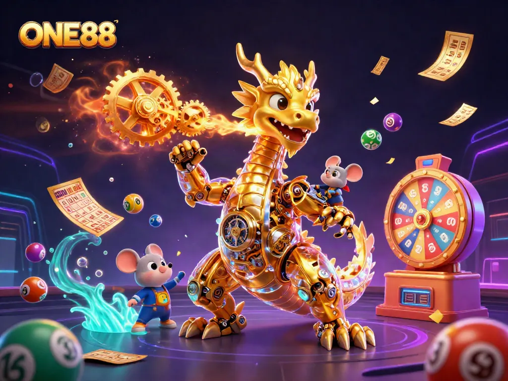 Experience the excitement at ONE88 with vibrant lottery balls and a golden dragon in a thrilling casino scene.