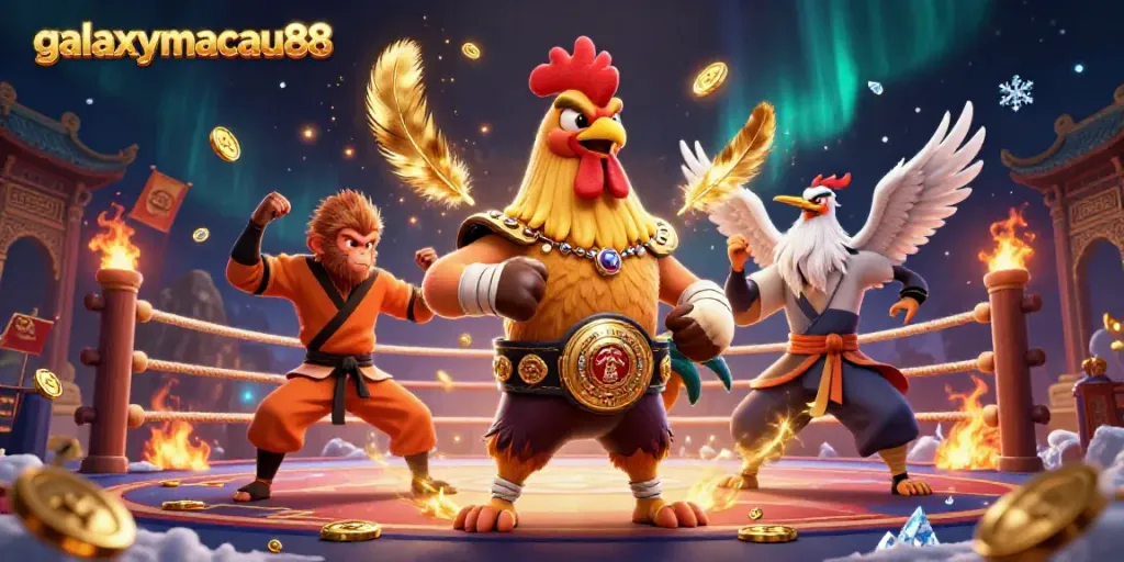 Experience the vibrant action of galaxymacau88 in this dynamic 3D casino scene featuring a Muay Thai rooster and martial artists.