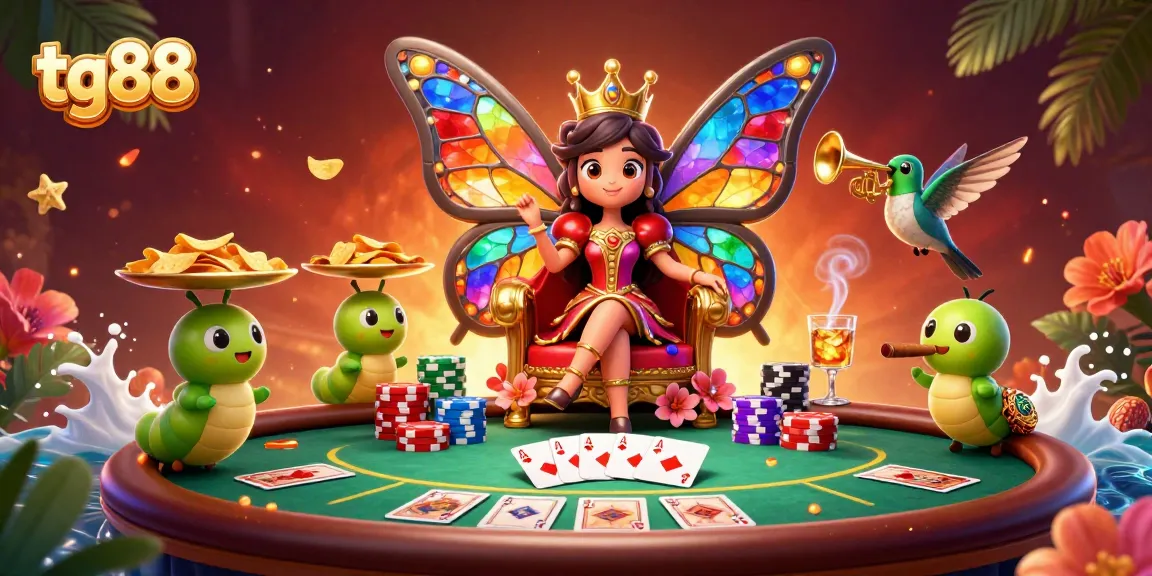 Experience thrilling poker action at tg88 with a vibrant butterfly queen and colorful chips.