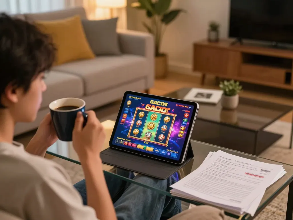 Engaging in slot gacor while using a tablet in a cozy home setting with strategic notes