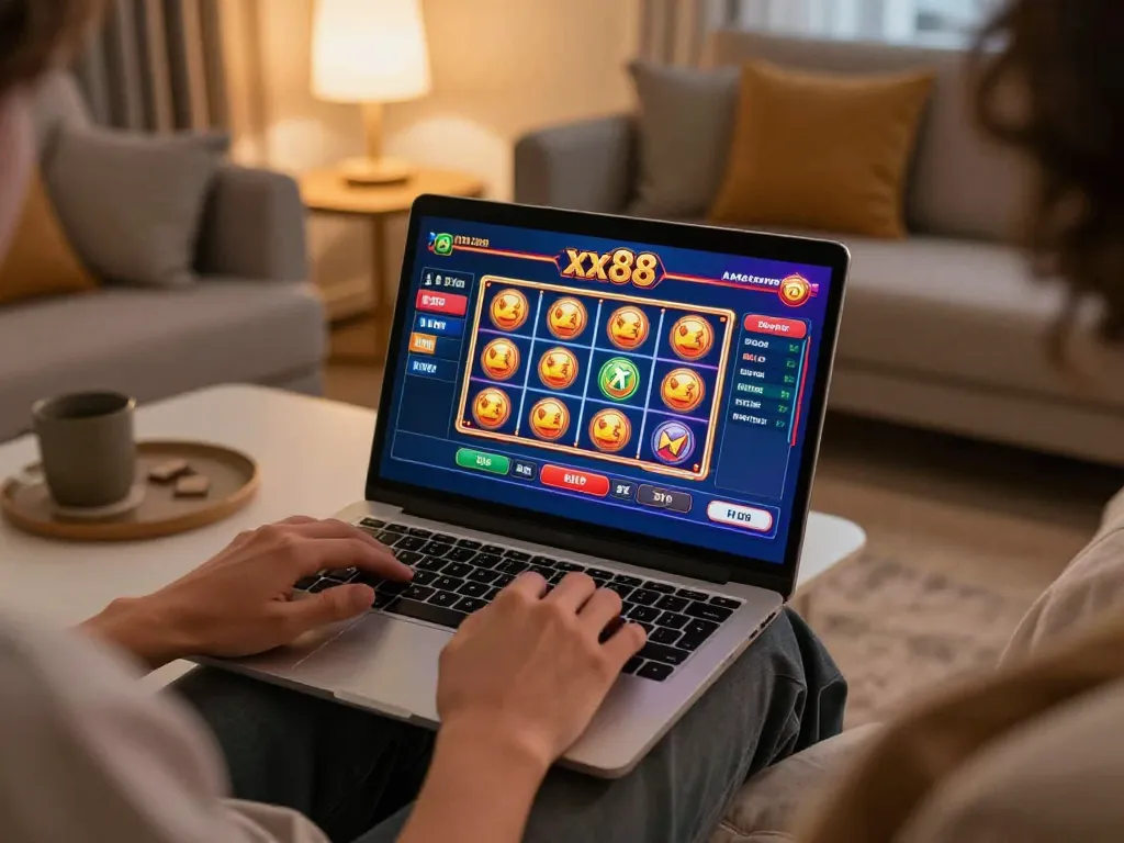 Engaging digital gambling moment with game xx88 on laptop in a cozy home setting.