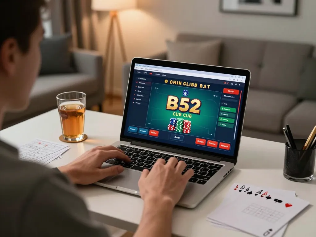 B52 club player engaging in online poker game with laptop at home, showcasing interactive gaming.