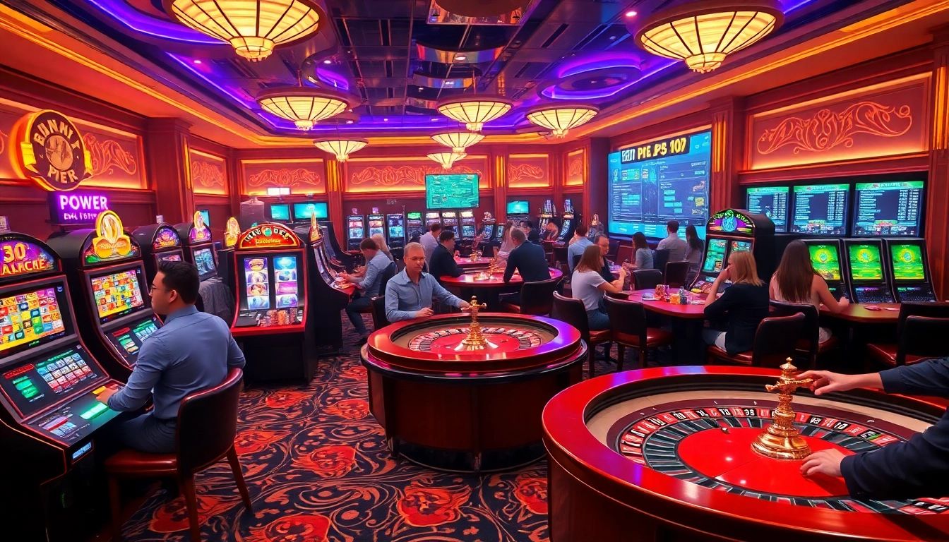 Engaged gamblers experiencing the excitement of PS 99 in a vibrant casino scene.