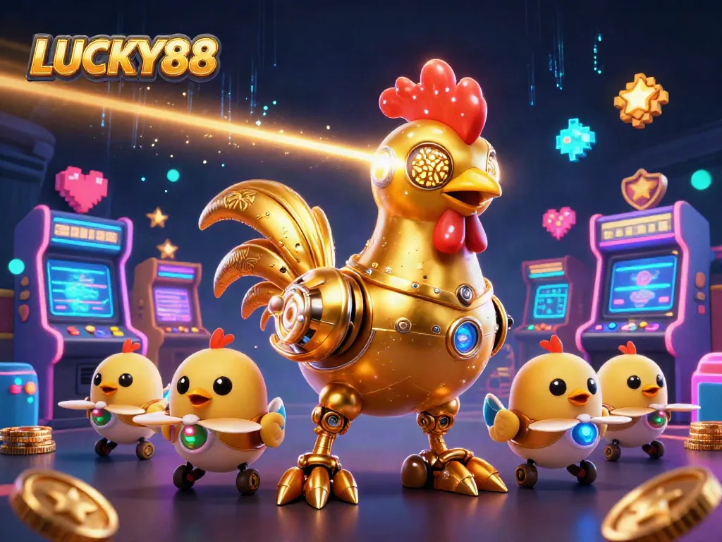 Experience LUCKY88's exciting gaming world with vibrant characters and machines in this engaging illustration.