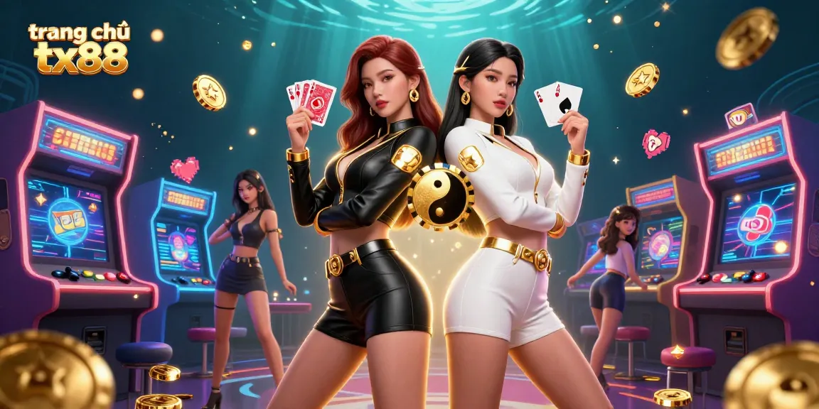 Engage in exciting games at trang chủ tx88 with vibrant 3D visuals featuring twin Asian women and casino elements.