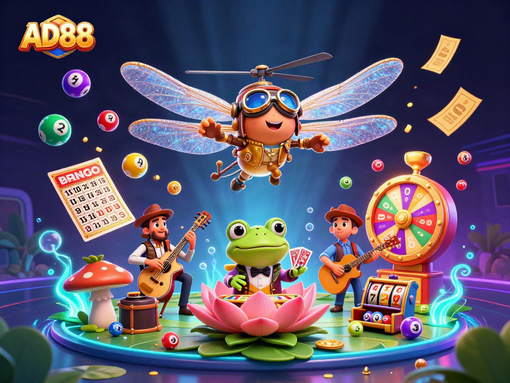 Join the excitement of casino gaming with AD88's vibrant illustration showcasing a lively gaming scene.