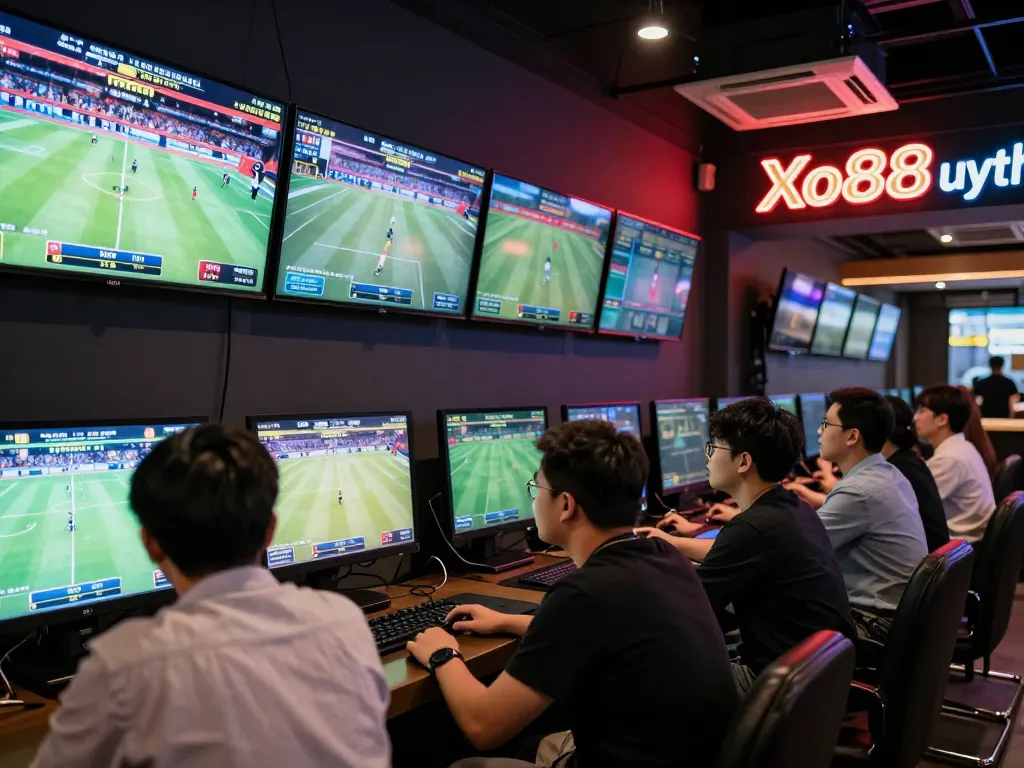 Xo88 uy tín engages enthusiastic bettors in a vibrant live sports betting atmosphere with multiple displays.