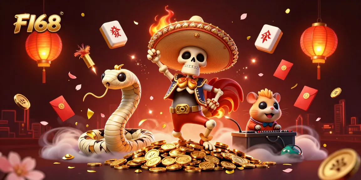 Engage with F168 excitement through a vibrant 3D illustration featuring dynamic casino characters and elements.