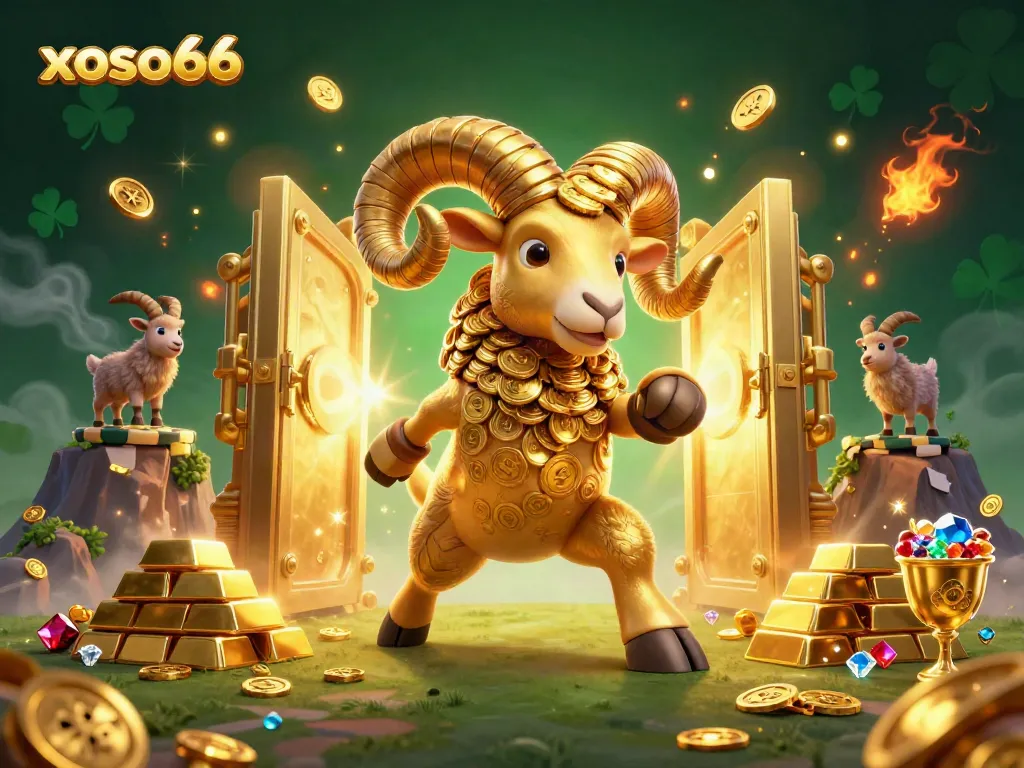 Experience the thrill of xoso66 as a golden ram charges through a treasure vault filled with gems and gold.
