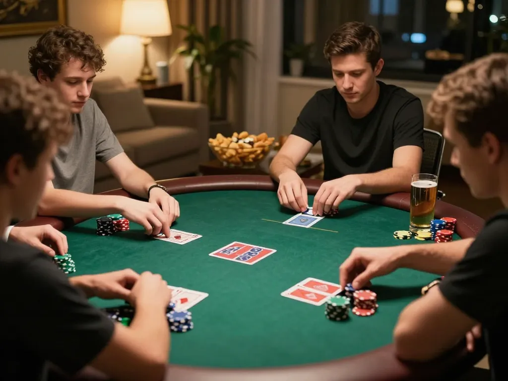 Players enjoying an engaging poker game at home with Rik vip atmosphere and warm lighting.
