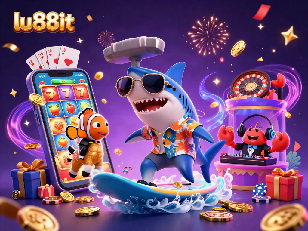 lu88it showcases vibrant casino fun with animated characters amidst festive gaming elements