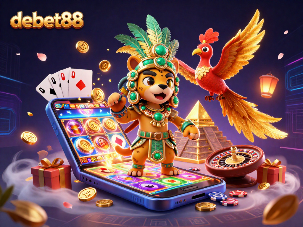 Engage with debet88's vibrant gaming scene featuring slot games and iconic Mayan characters.