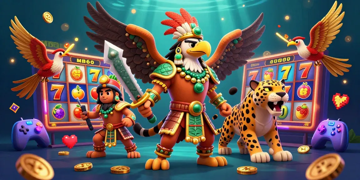 Join the excitement of MB66 with an Aztec warrior and game elements capturing the thrill of winning in slots.