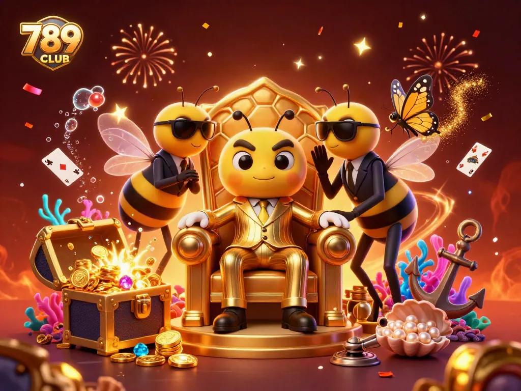 Join 789CLUB for thrilling adventures with our cartoon bumblebee boss in a vibrant casino scene.
