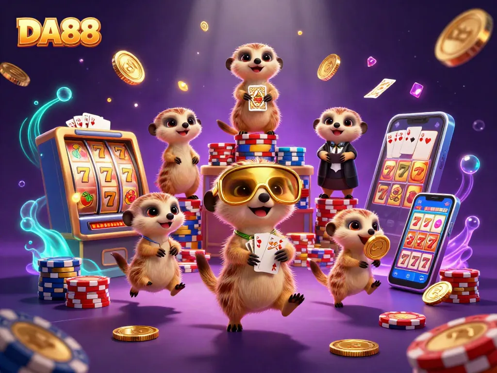 DA88 meerkats strategizing casino operations with slot reels and vibrant gambling elements
