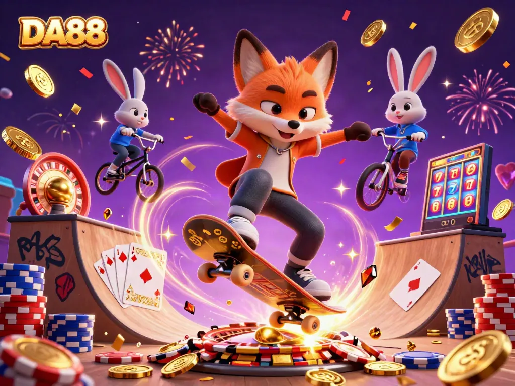 DA88 showcases exhilarating casino action with a fox and rabbit in an energetic 3D scene.