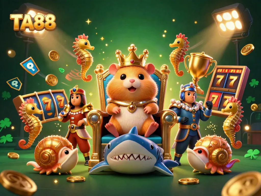 Experience the excitement of TA88 with our golden hamster king in a vibrant casino scene.