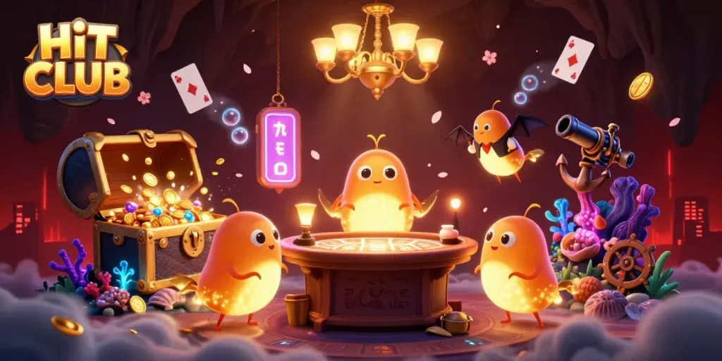 Engage in thrilling gameplay at HIT CLUB casino with vibrant glowworm characters illuminating the scene.
