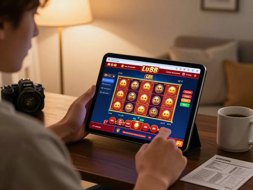 Engaging in Lu88 online casino gameplay on a tablet in a cozy setting, emphasizing strategic focus.