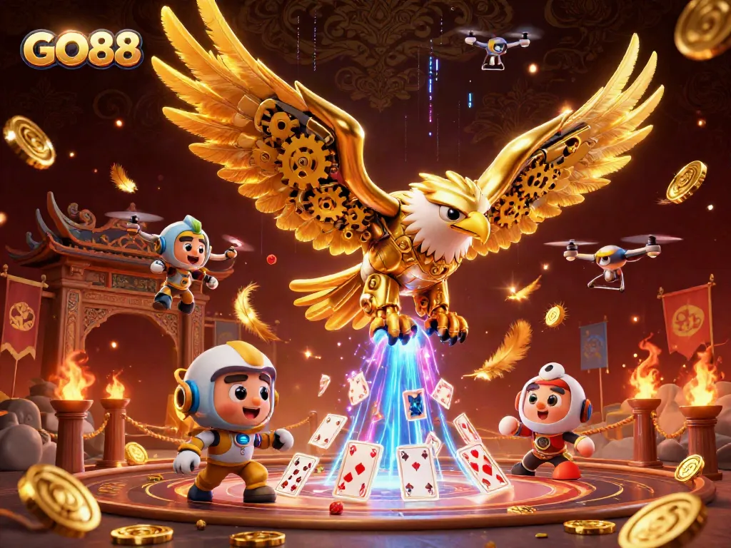 GO88 players engage with dynamic gaming action amidst holographic cards and gold tokens, capturing the thrill.
