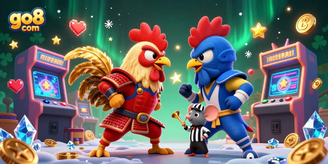 Engage in epic action with the fighting roosters at go8 com, showcasing vibrant 3D casino elements.