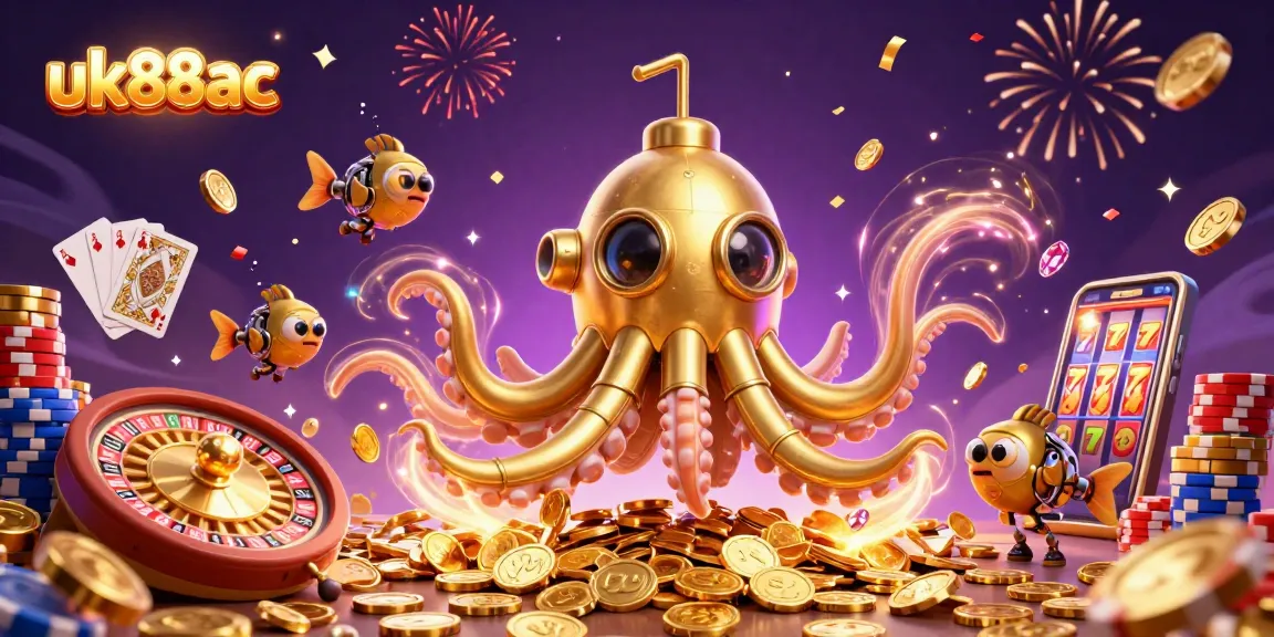 Engage with thrilling gambling action at uk88ac, featuring a kraken submarine among coins and cards.