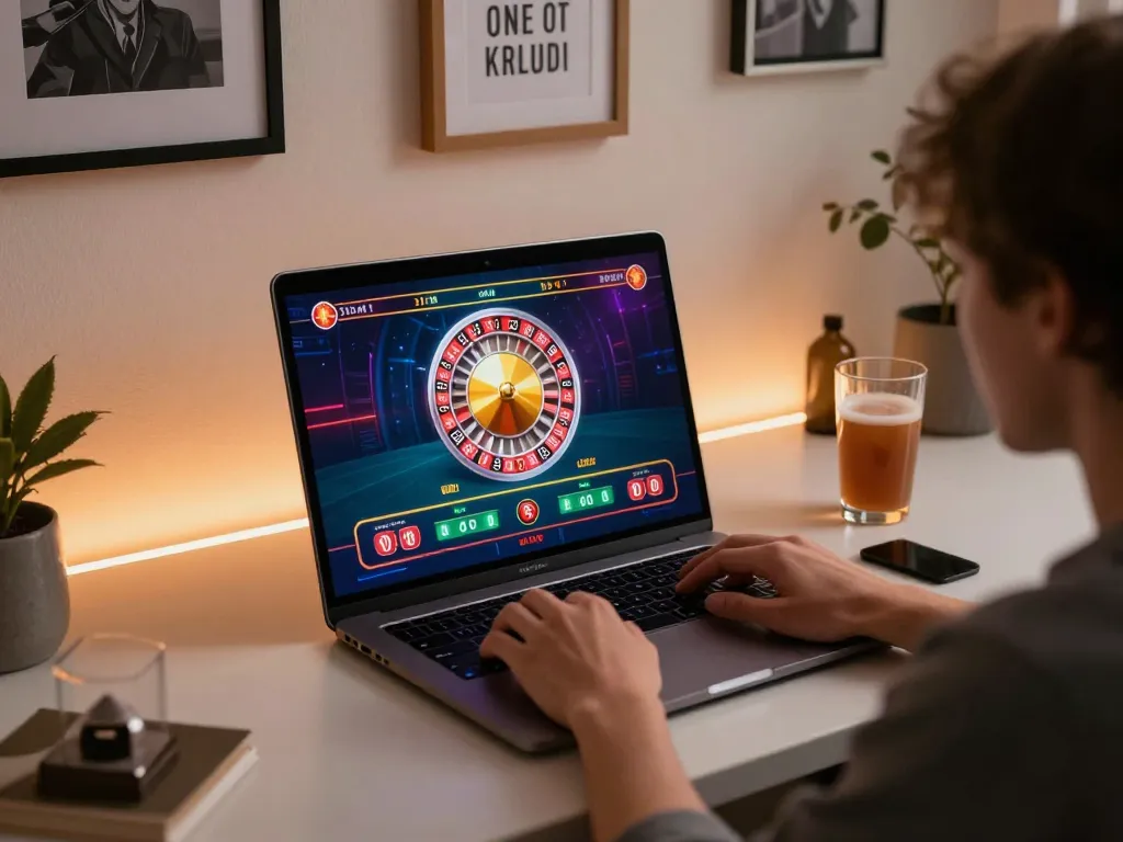 Engaging in casino gameplay at Trang chủ Tic88 with vibrant win on roulette displayed on laptop screen.