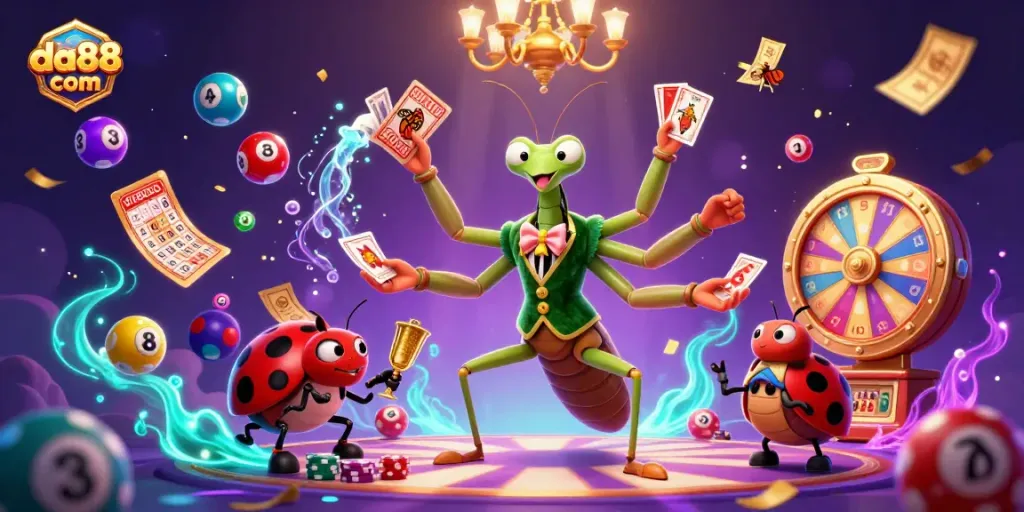 Engage in lively action with da88 com showcasing colorful lottery games and charming casino characters.