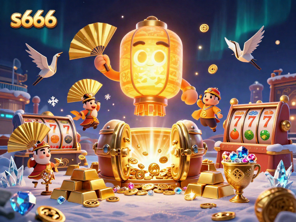 Engage in thrilling s666 casino adventures with a vibrant 3D scene filled with treasures and lucky symbols.