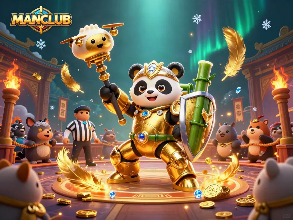 Engage with MANCLUB's vibrant casino scene featuring a golden panda and exciting game elements.
