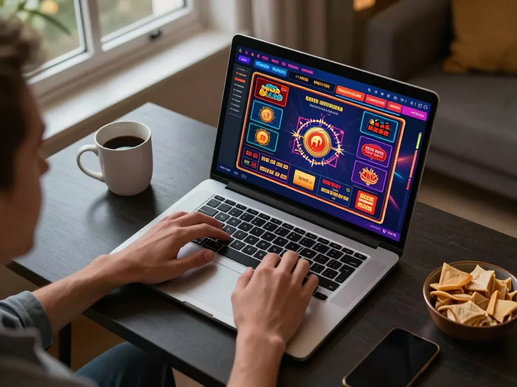 lv88 đăng nhập while enjoying an online casino session on a modern laptop in a cozy home.